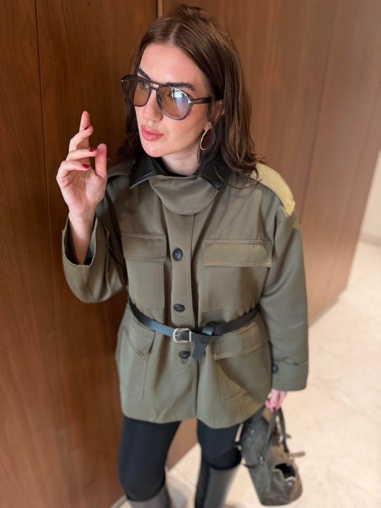 Orijinal Model , Deri Yakalı , Kemerli , Haki Trençkot