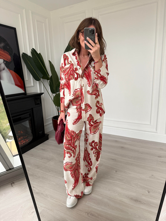 Bordo Desenli , Gömlek & Pantolon , Premium Tiril Takım