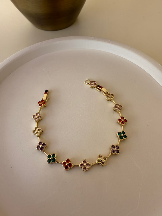 14k Gold Kaplama , Rengarenk Zirkon Taşlı , Yonca Bileklik