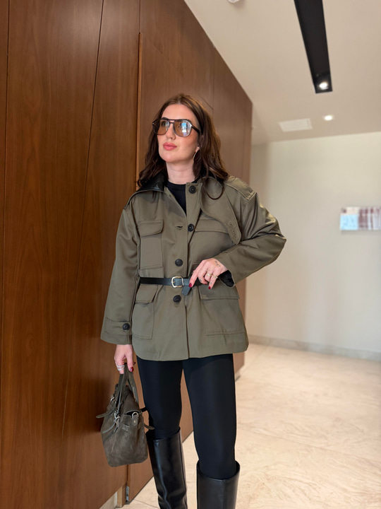Orijinal Model , Deri Yakalı , Kemerli , Haki Trençkot