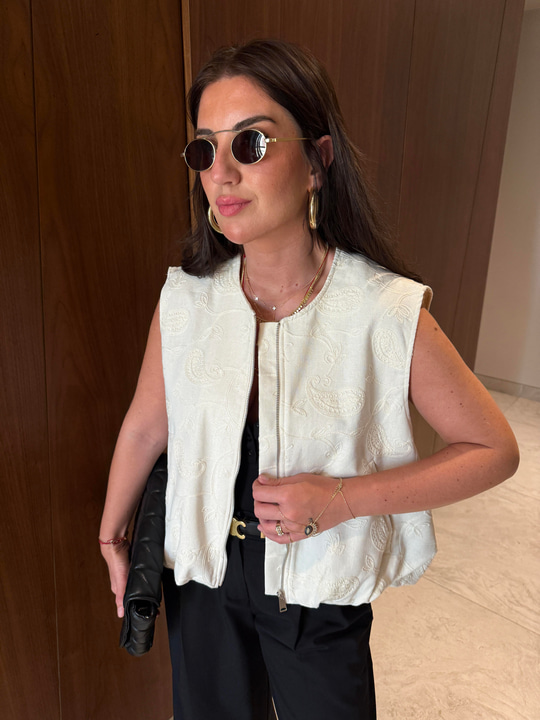 Nakış İşlemeli , Ekru , Bomber Yelek