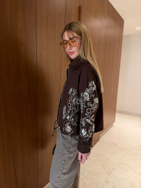 Pul & Taş İşlemeli , Acıkahve , Premium Gabardin Ceket