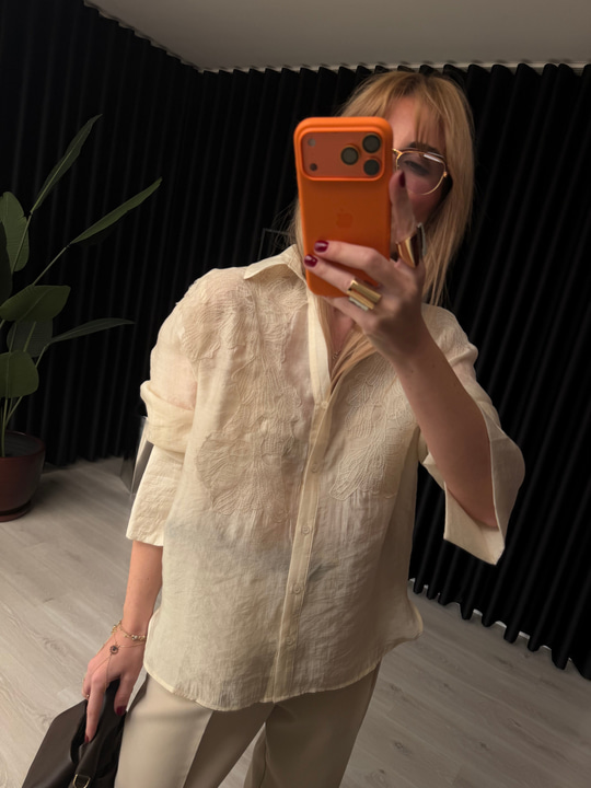 Bej Dantel Nakışlı Premium Tencel Gömlek
