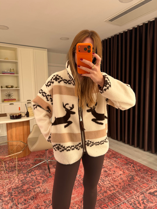 Orijinal Model , Kahve Desenli , Fermuarlı Polar Mont