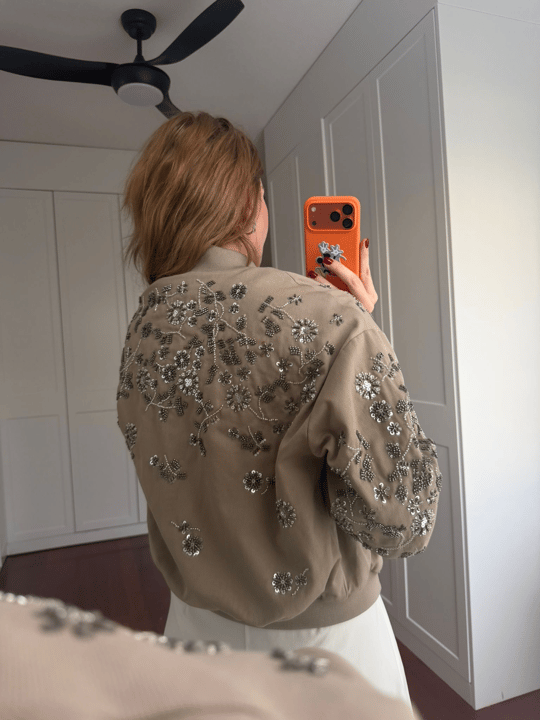 Kristal Taş İşlemeli Premium Vizon Bomber Ceket