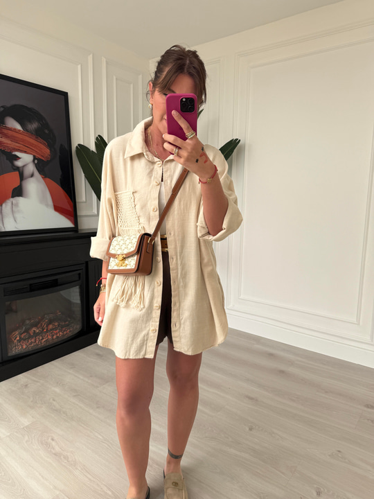 Makrome Detaylı Bej Oversize Gömlek