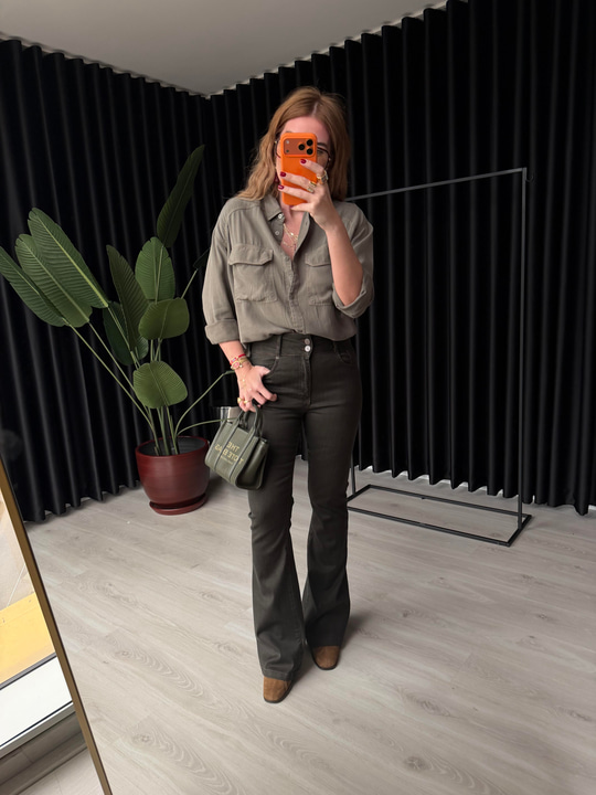 Push-up Etkili , Likralı , Haki İspanyol Paça Jean