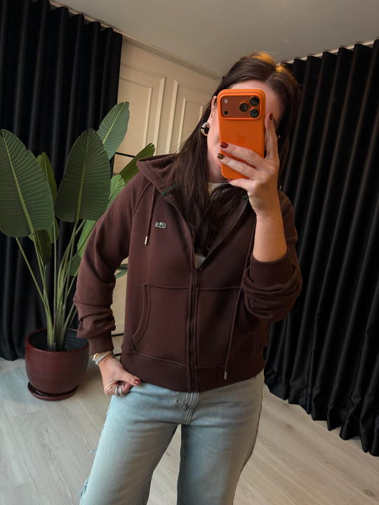 Orijinal Marka Önden Fermuarlı Kahverengi Sweatshirt