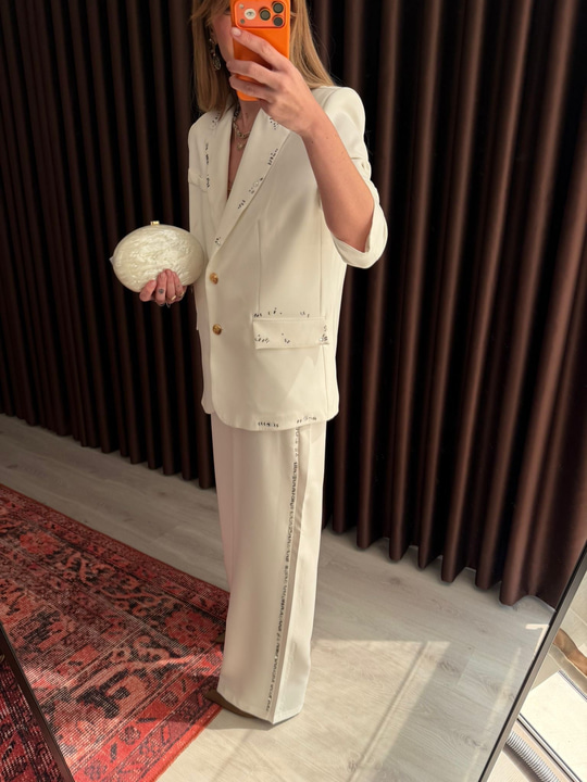 Taş İşlemeli , Ekru , Blazer Ceket & Pantolon Takım