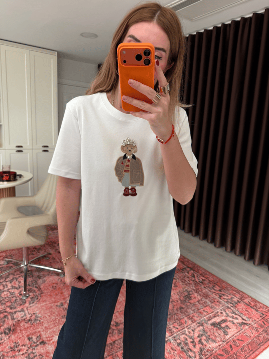 Orijinal Marka , Ayıcık Ve Taş İşlemeli , Beyaz T-shirt