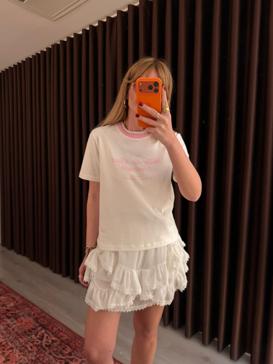 Pembe Merserize Yakalı , Ekru T-shirt