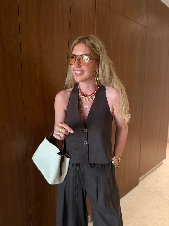 Halter Yaka , Bluz & Pantolon , Acıkahve Pamuk Keten Takım