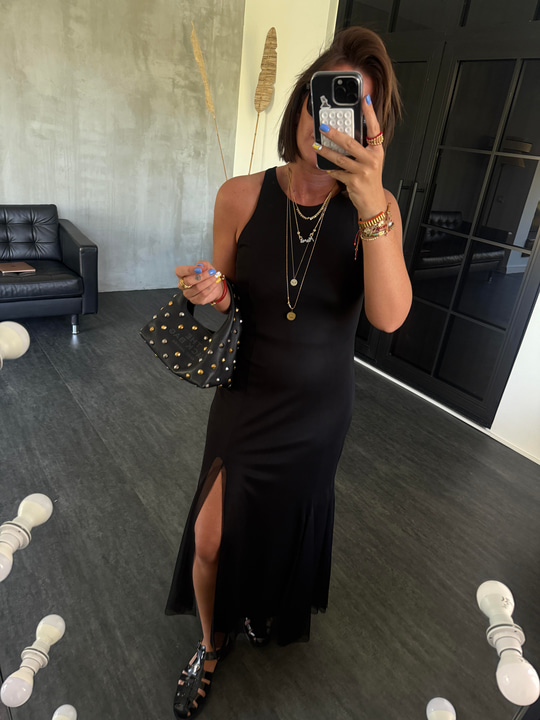 Halter Siyah, Likralı, Yırtmaçlı Siyah Elbise