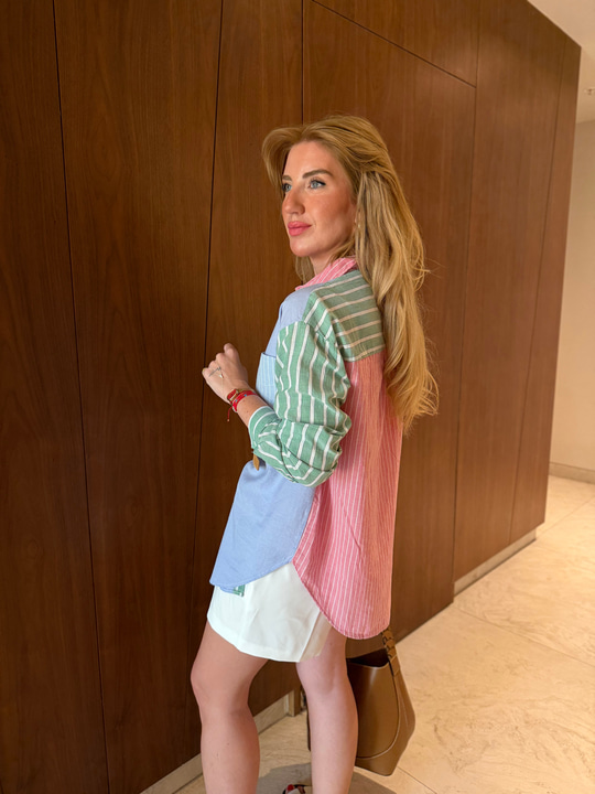 %100 Cotton , Yeşil & Mavi Şeritli , Tasarım Gömlek