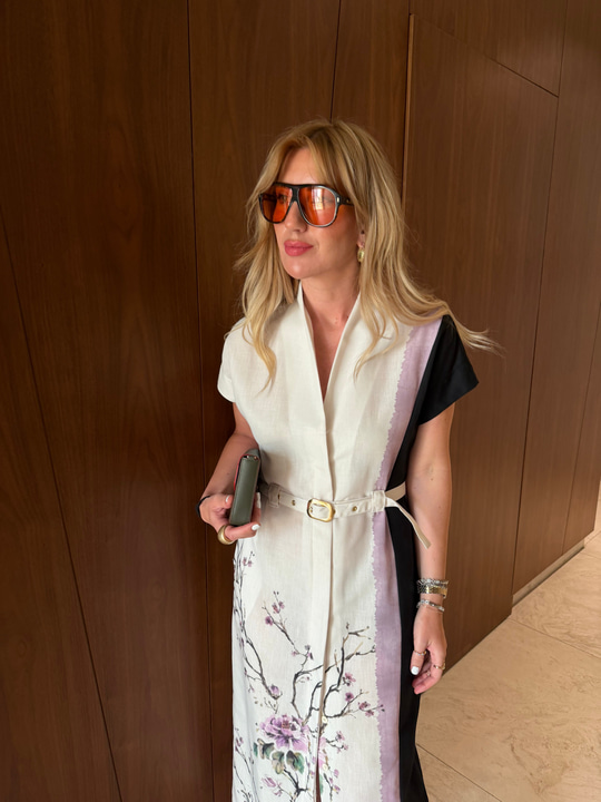 Siyah & Lila Çizgili , Kemerli Keten Elbise