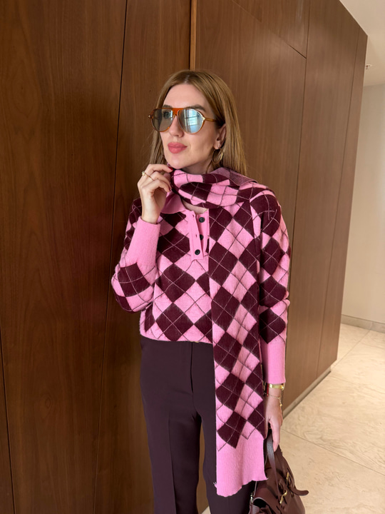 Pembe & Bordo Baklava Desenli , Yumuşacık Atkılı Triko