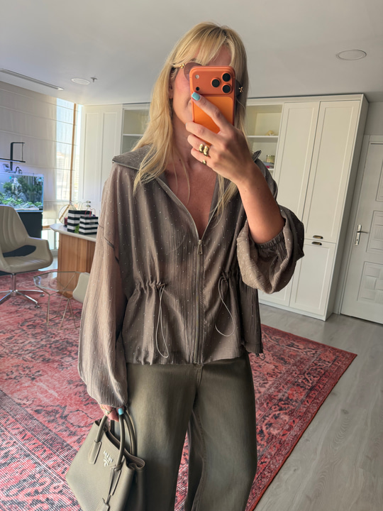 Vizon, Taşlı Belden Büzgülü Premium Tencel Ceket