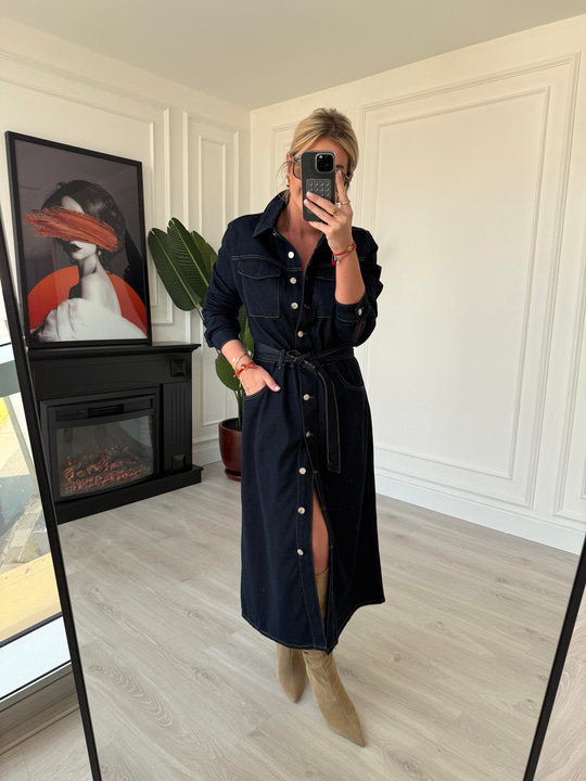 Premium Tencel Jean, Kuşaklı Gömlek Elbise
