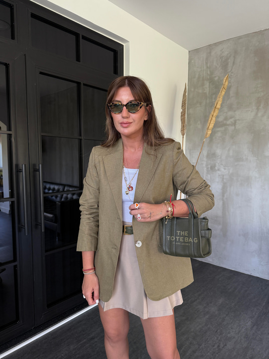 %100 Keten , Haki Blazer Ceket