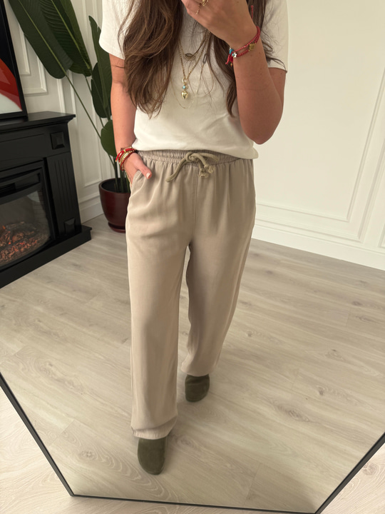 Bej, Beli Lastikli, Gabardin Tencel Premium Palazzo Pantolon