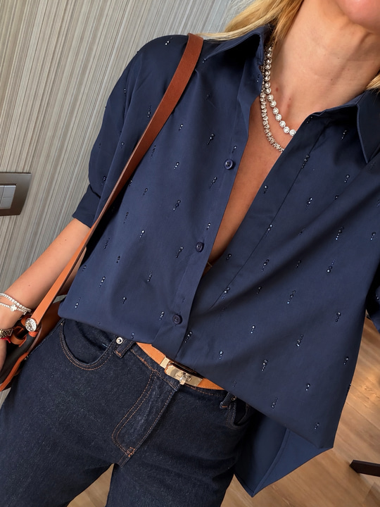 Orijinal Model, Premium Taşlı Lacivert Poplin Gömlek