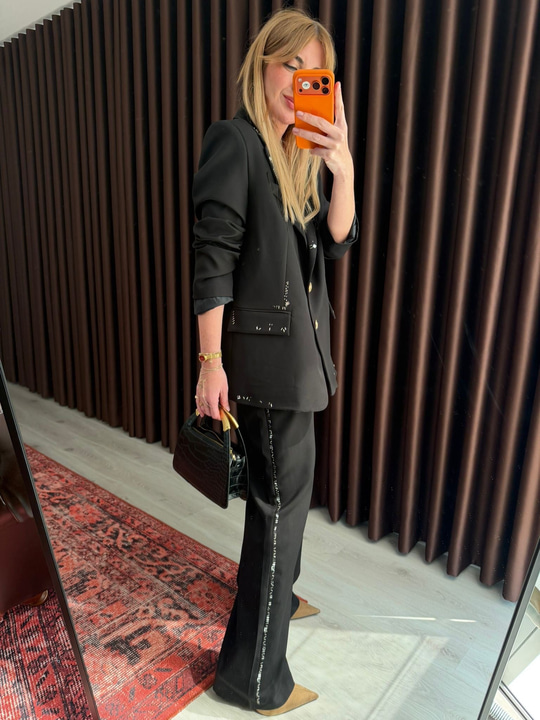 Taş İşlemeli , Siyah , Blazer Ceket & Pantolon Takım