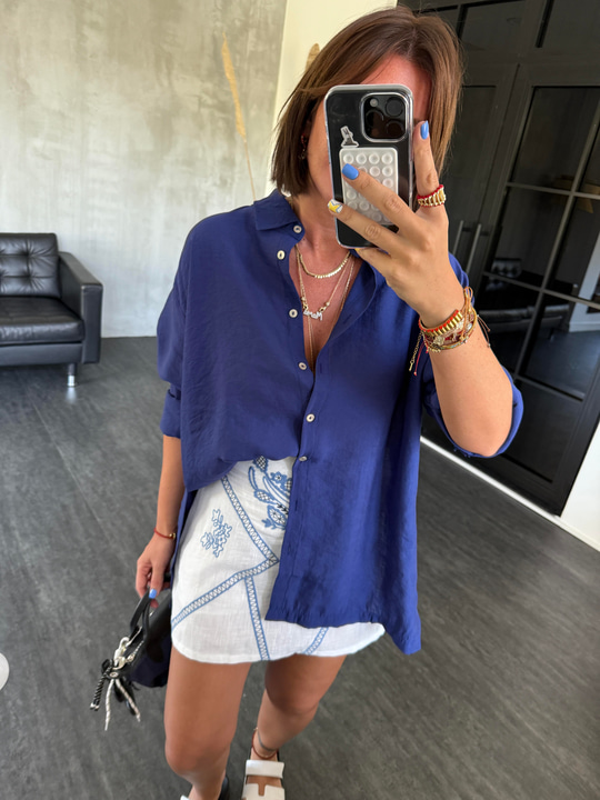 Yanı Yırtmaçlı, Lacivert Tencel Gömlek