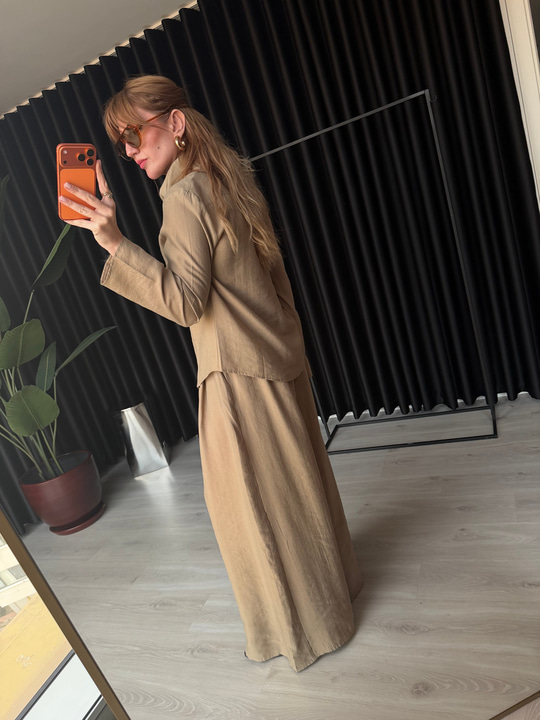 Bej Orijinal Model Fular Yakalı Gömlek & Pantalon Premium Tencel Takım