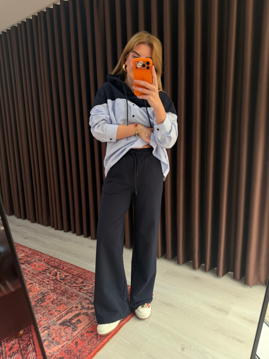 Çizgili Poplin Detaylı , Lacivert Sweatshirt Takım