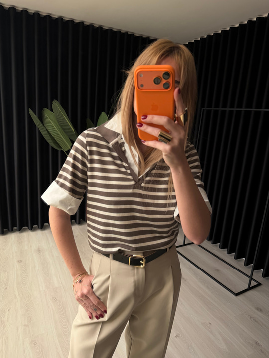 Vizon Çizgili, Poplin Detaylı Polo Yaka Modal Bluz