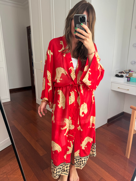 %100 Pamuk , Kaplan Desenli , Kırmızı Kimono