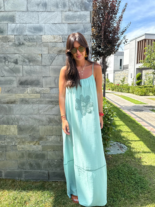 Önü Örgü Çiçekli , Mint Yeşili , Askılı Elbise
