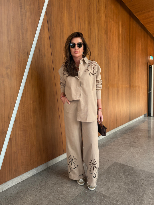 Fisto Detaylı %100 Cotton Bej Premium Takım