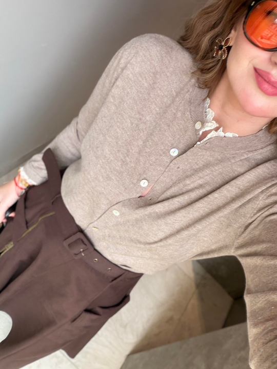 Yakası & Kolları Dantel Detaylı , Bej Triko