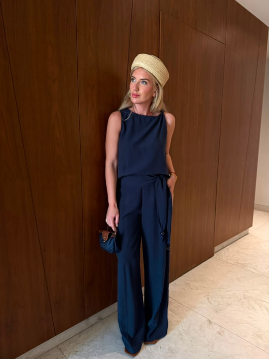 Orijinal Model , Omzu Boncuk Detaylı Bluz & Pantolon , Lacivert Tencel Takım