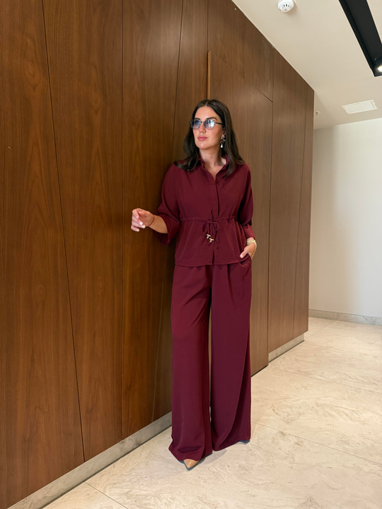 Önden Bağlamalı , Gold Detaylı , Bordo Gömlek