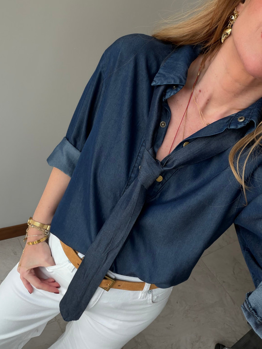 Lacivert Kravatlı Premium Tencel Jean Gömlek