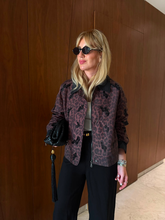 Leopar Desenli , Boncuk Nakışlı , Bomber Ceket