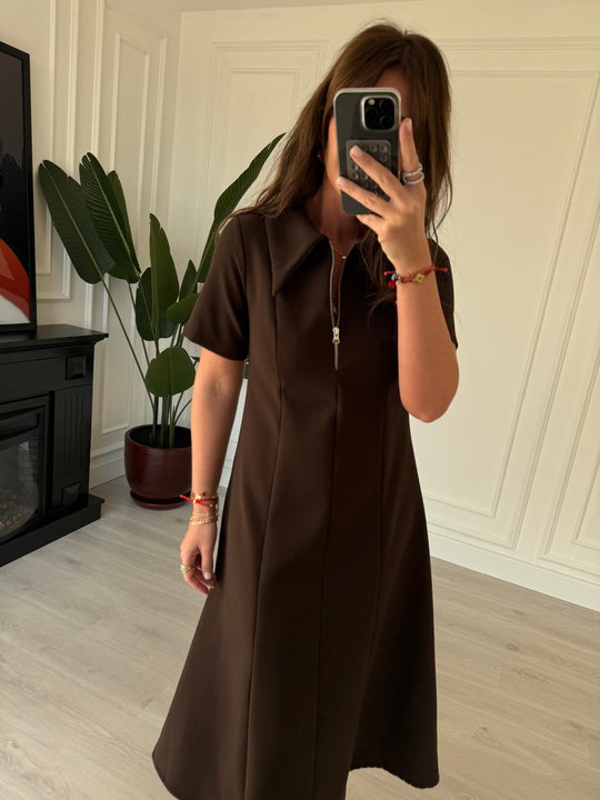 Orijinal Marka , Önden Yarım Fermuarlı , Acı Kahve Elbise