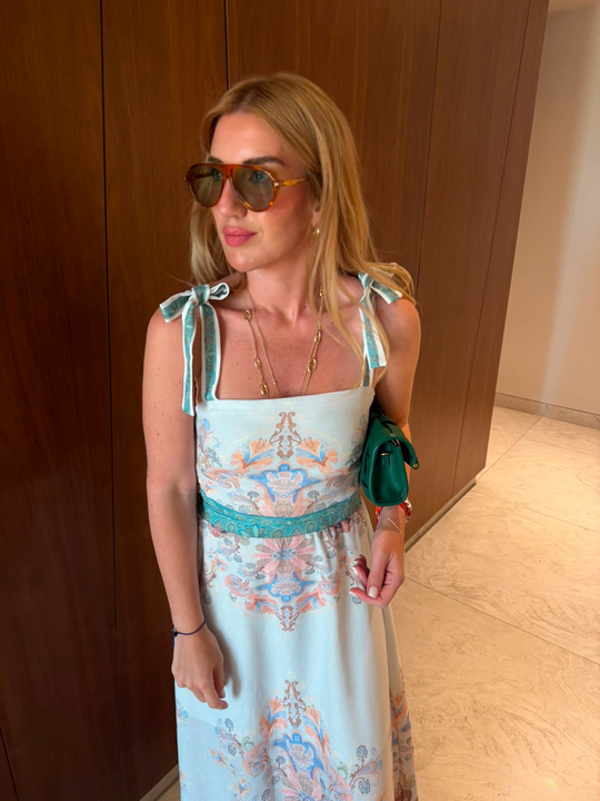 Renkli Çiçekli , Mint Yeşili  Askılı Bluz & Etek Takım