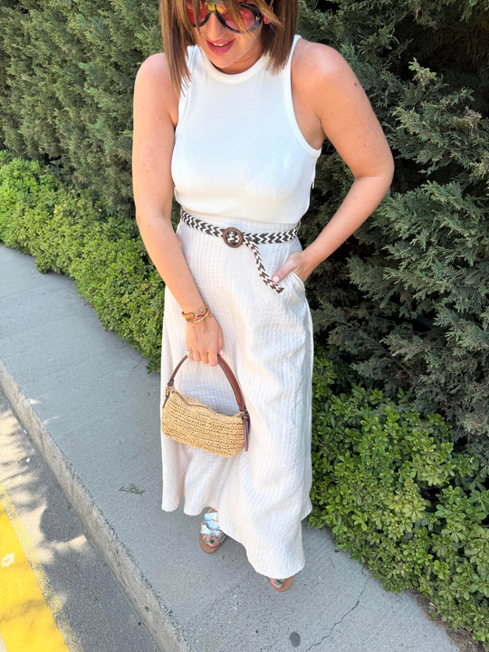 Hasır Kemerli , İçi Astarlı , Premium Bej & Beyaz Mix Elbise