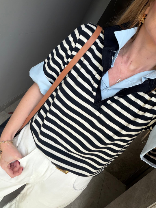 Lacivert Çizgili, Poplin Detaylı Polo Yaka Modal Bluz