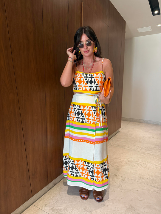 Renkli Geometrik Desenli , Crop & Etek Takım