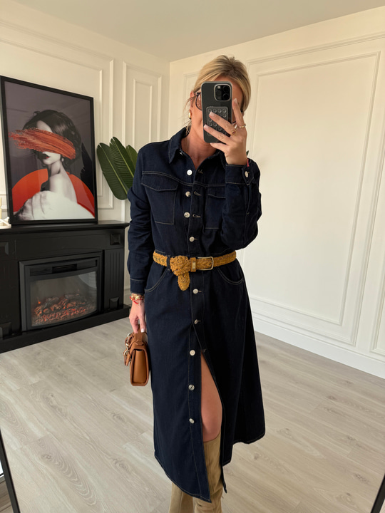 Premium Tencel Jean, Kuşaklı Gömlek Elbise