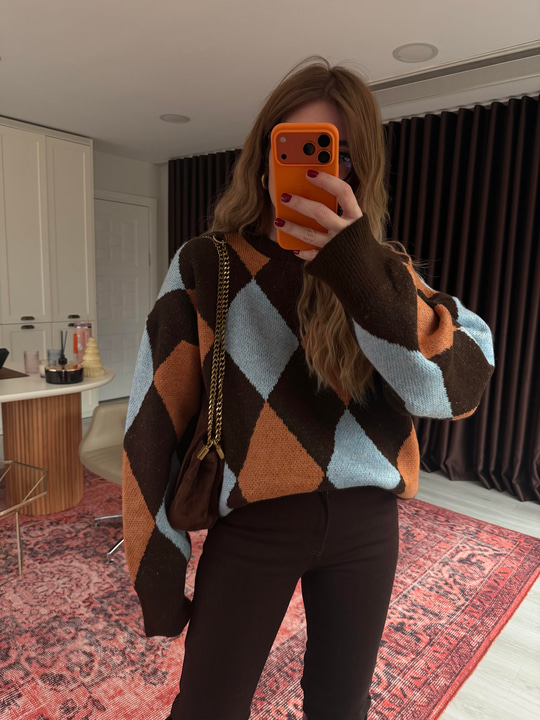 Bebe Mavisi & Kiremit Baklava Desenli , Acıkahve Premium Triko