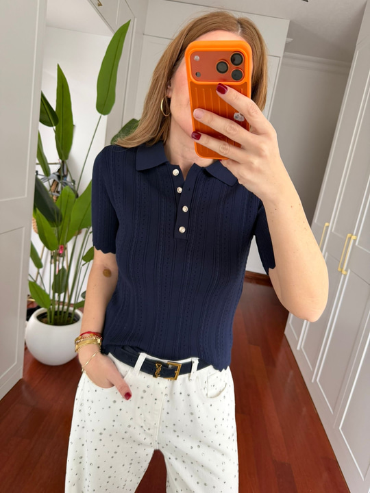 Polo Yaka , Gold Düğmeli , Lacivert , Saç Örgü Triko