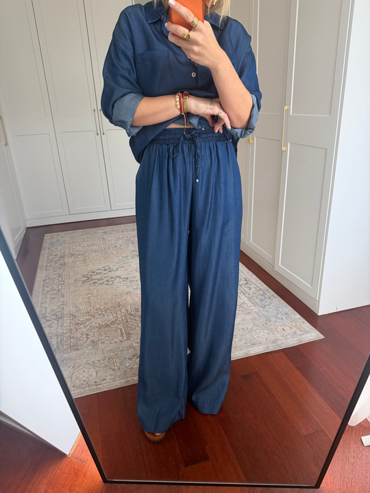 %100 Cotton , Tencel , Gömlek & Beli Lastikli Pantolon , Lacivert Premium Takım