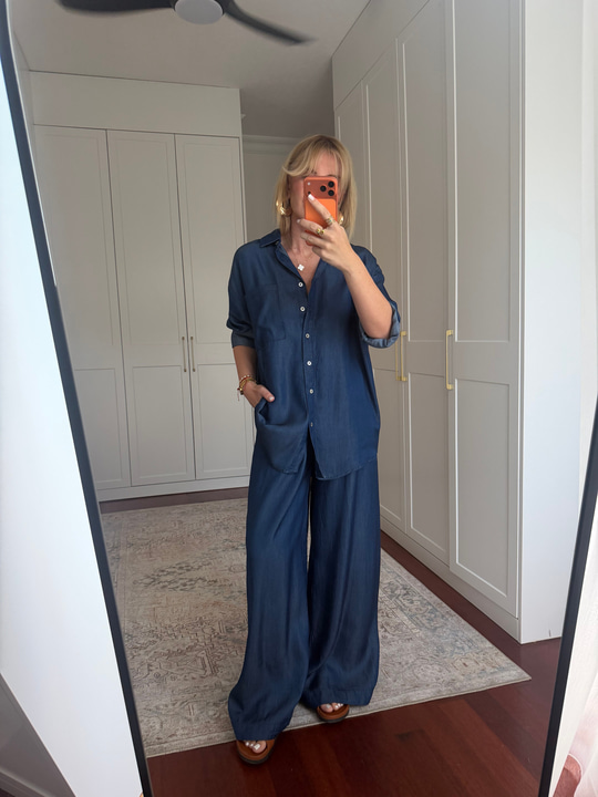 %100 Cotton , Tencel , Gömlek & Beli Lastikli Pantolon , Lacivert Premium Takım