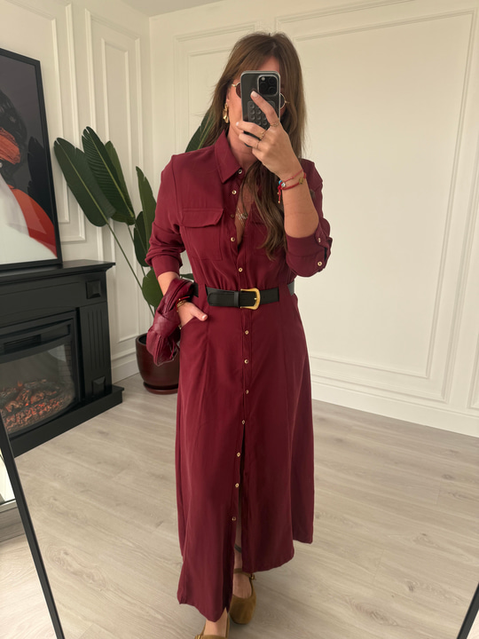 Premium Tok Tencel, Kemerli Bordo Gömlek Elbise