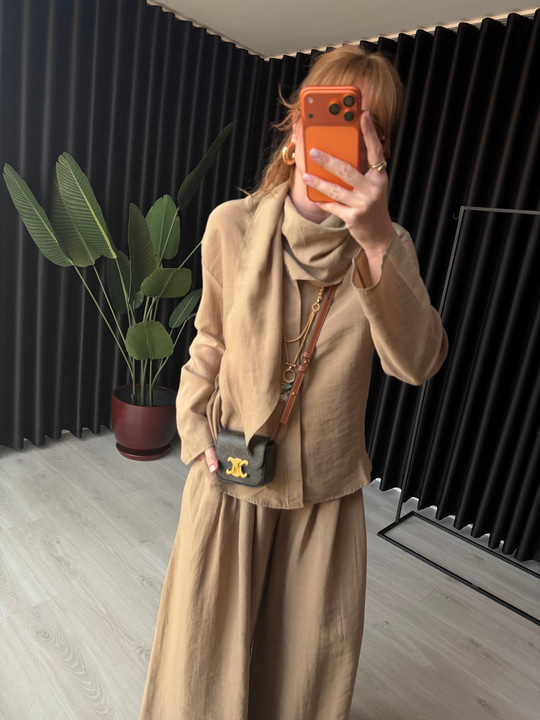 Bej Orijinal Model Fular Yakalı Gömlek & Pantalon Premium Tencel Takım
